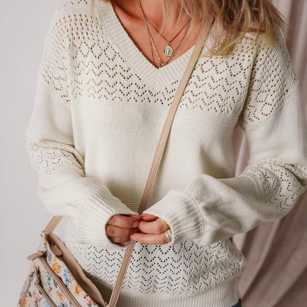 Women's Sweaters Casual Long Sleeve V Neck Lightweight Crochet Pullover Sweater - Picture 2 of 8